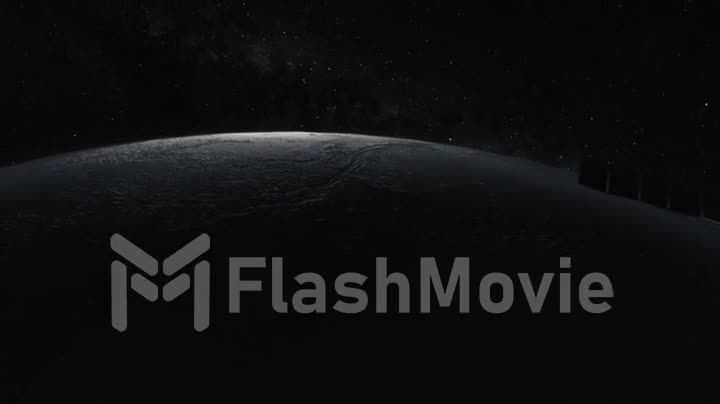 Cosmos concept. A space satellite flies over the Moon. 3d animation