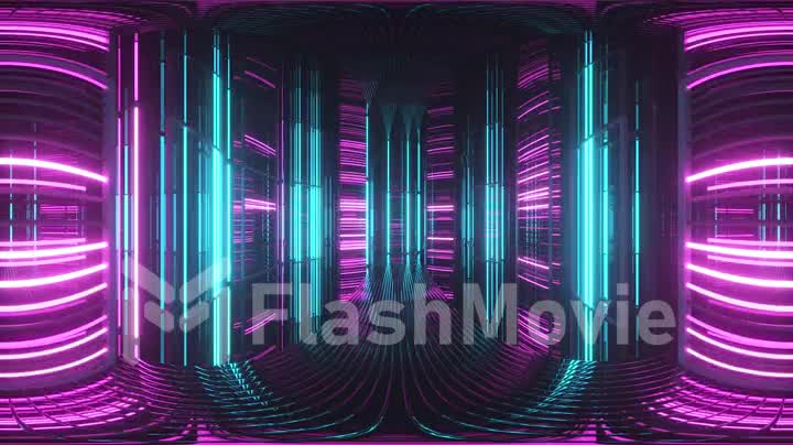 Bright neon lights in a metal room. Modern fluorescent light. Blue violet neon spectrum. Seamless looping 3d animation
