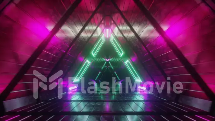 Abstract endless flight in a futuristic geometric metal corridor made of triangles. Modern red neon lighting. 3d illustration