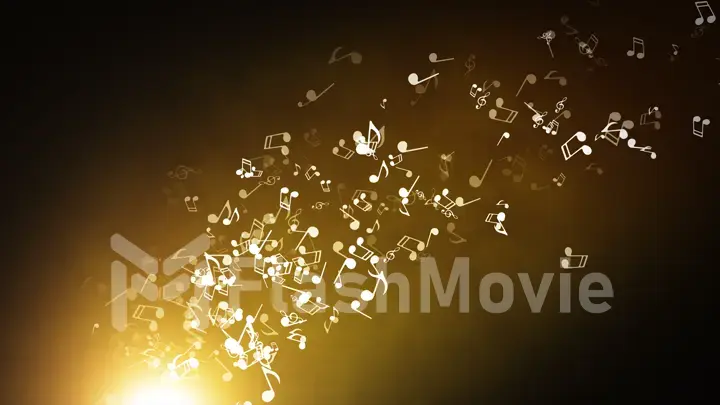 Floating musical notes on an abstract gold background with flares 3d illustration