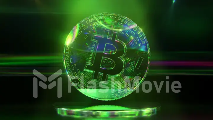 Diamond bitcoin on a dark background with neon lighting. Cryptocurrency. Lowpoly. 3d Illustration