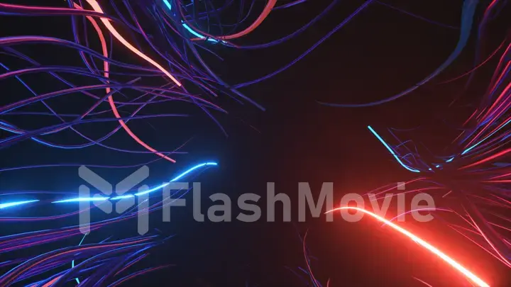 Technology and data transfer concept. Moving neon wires on a black background. Blue red color. 3d illustration