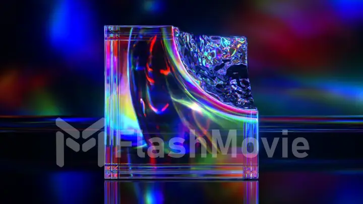 Mirrored diamond cube on an abstract background. Blue pink color. 3d illustration