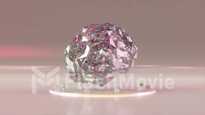 Abstract concept. Large diamond brains rotate on the platform. Pink white color. 3d animation of seamless loop