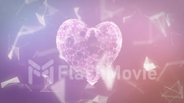 The digital heart icon is formed from particles in a network cloud of lines and dots in pastel tones. The heart of technology 3d illustration
