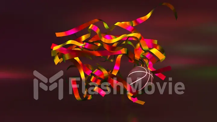 Abstract concept. Cluster of red yellow neon ribbons. A purple basketball flies through the ribbons. Slow motion.
