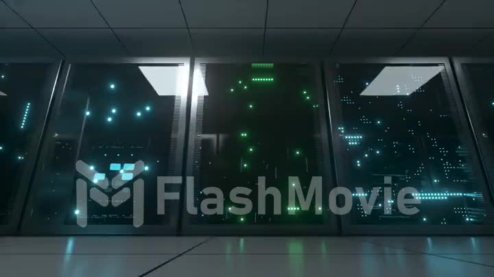 Networked and data servers behind glass panels in a server room. The camera moves on a trolley in the center of the network and data processing. Powerful servers. High quality 4K 3D animation