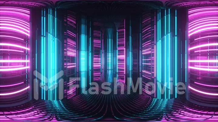 Bright neon lights in a metal room. Modern fluorescent light. Blue violet neon spectrum. 3d illustration