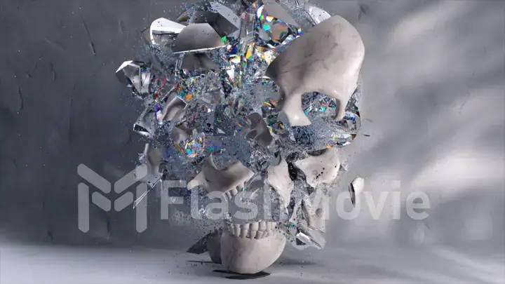 Abstract concept. The white skull shatters into many diamond shards. Slow motion. White background.