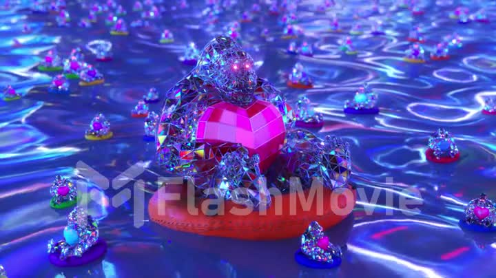Love concept. Diamond gorilla swims on a life buoy and holds a red heart in his hands. 3d animation of seamless loop