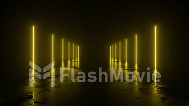 Futuristic sci fi bacgkround. Yellow neon lights glowing in a room with concrete floor with reflections of empty space. Alien, Spaceship, Future, Arch. Progress. 3D animation of seamless loop.
