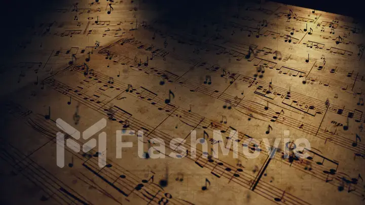 Atmospheric music background with notes on old brown paper 3d illustration