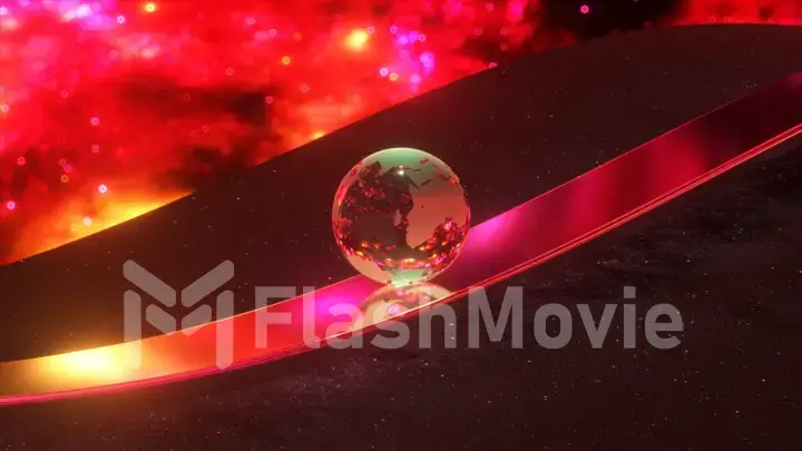 The glass ball of planet Earth smoothly rolls along the wavy chrome surface on a fantastic space. 3d illustration