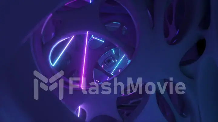 Flying through an abstract alien structure illuminated by neon lights. Modern ultraviolet lighting. 3D illustration