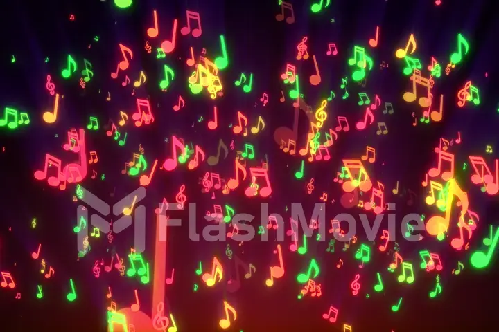 Seamless animation of colorful musical notes for music videos, LED screens and projections at night clubs, concerts, festival, exhibition, celebration, wedding and fashion events. 3d illustration