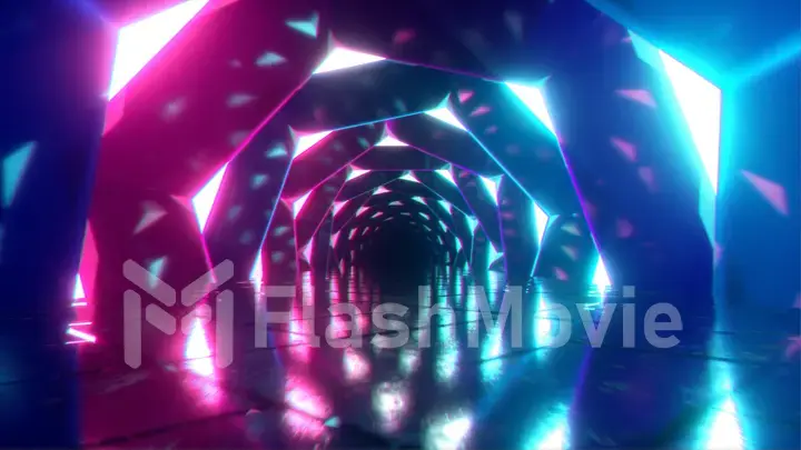 Flying through a luminous neon corridor of swirling hexagons. Blue red pink purple spectrum, fluorescent ultraviolet light in the tunnel, modern colorful lighting, 3d illustration