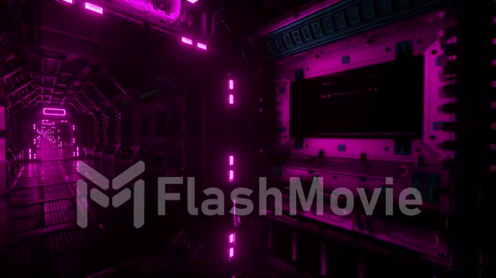 Flying into spaceship tunnel, sci-fi spaceship corridor. Futuristic technology for technical titles and backgrounds. Internet traffic graphics, speed. 3D rendering. 4k animation of seamless loop