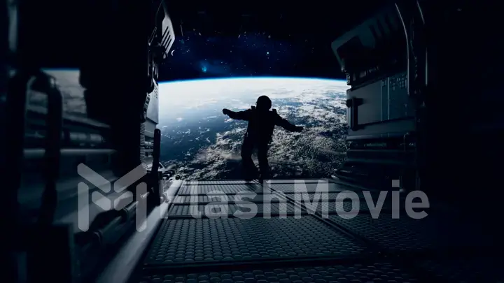 Astronaut escape on a spaceship. Opening of the gate with a view of the planet Earth. Fantastic space concept.