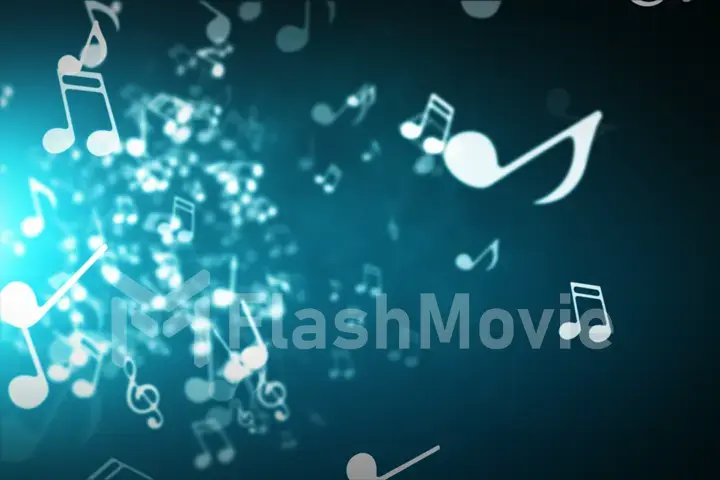 Floating musical notes on an abstract blue background with flares 3d illustration