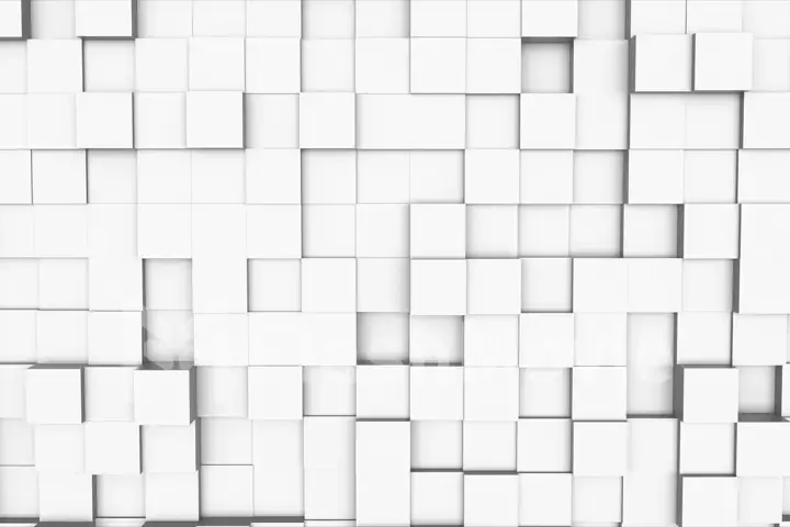 Random waving motion abstract background from square geometric surface loop: light bright clean minimal squares grid pattern, canvas in pure wall architectural white. 3d illustration