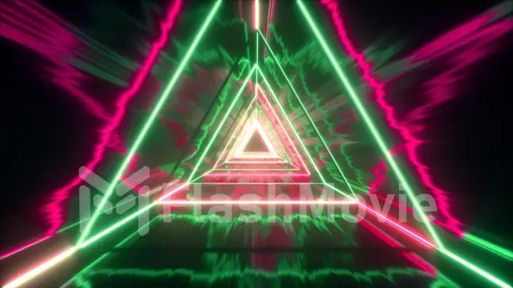 Flying through glowing neon triangles creating a tunnel with grunge reflection, fluorescent ultraviolet light, modern colorful lighting, 3d illustration