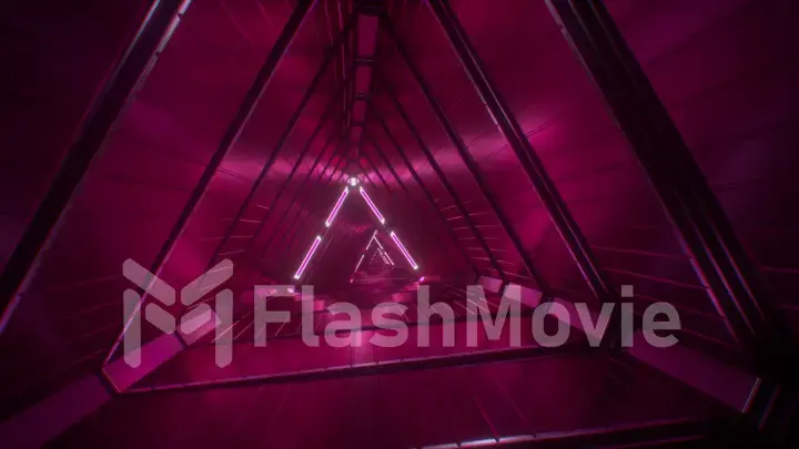 Flying through glowing neon triangles creating a tunnel, modern colorful lighting, 3d illustration