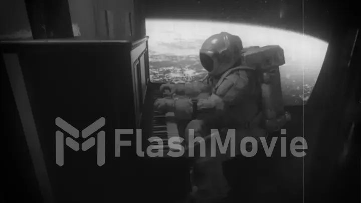 Astranaut in a spacesuit plays the piano in a spaceship overlooking the planet earth. Space and music concept. Old film effect. Black and white. 3d illustration