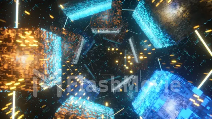 Flying in technological cyber space. Sci-fi spaceship tunnel. Futuristic technology abstract seamless VJ for tech titles and background. Motion graphic for internet, speed. 3D illustration