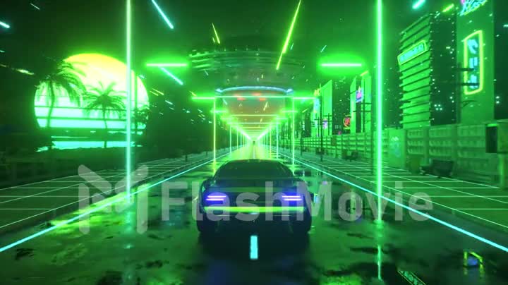 Car and city in neon style. 80s retro wave background. Retro futuristic car drive through neon city. 3d animation of seamless loop