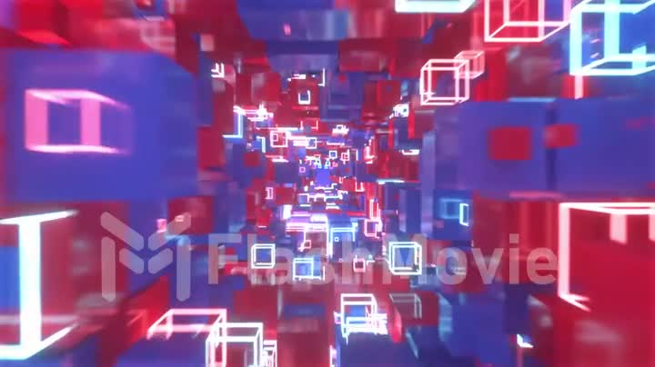 Flying in abstract motion space of colorful red and blue cubes with neon glowing cubes. Seamless loop 4k animation