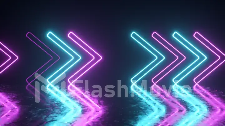 Bright neon arrows on a metal surface indicate the direction of movement. Abstract laser background. 3d illustration