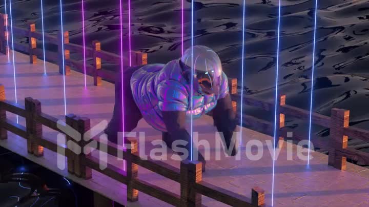 Gorilla runs along a stone bridge. Rainbow jacket and helmet. Neon blue and purple vertical lines. 3d animation