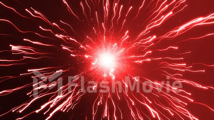 A large red explosion particles under a microscope