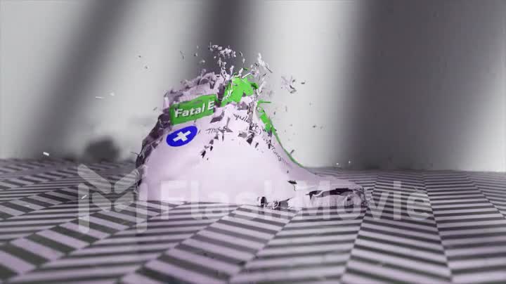 Surreal concept. The simulation wrong alert is destroyed and falls to the floor. Computer error. 3d animation.
