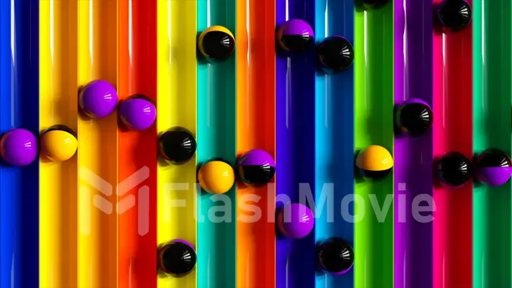 Bright colorful background with rolling balls along the paths. Minimalism and fashion concept. 3d illustration