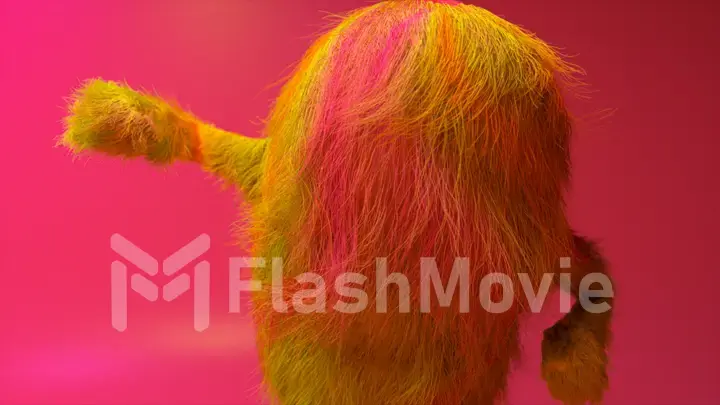 Cheerful colorful hairy cartoon dancing character, furry animal, having fun, furry mascot 3d illustration. Modern minimalist design. Flashing neon club light