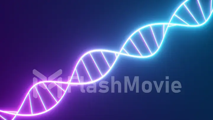 Rotating neon dna chain. Fluorescent ultraviolet lights. Sci-fi style. Modern neon blue purple light spectrum. 3d illustration