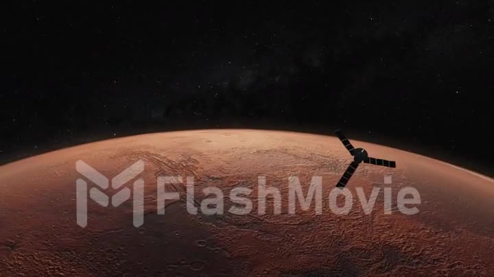 Cosmos concept. A space satellite flies over the red planet. Mars. 3d animation