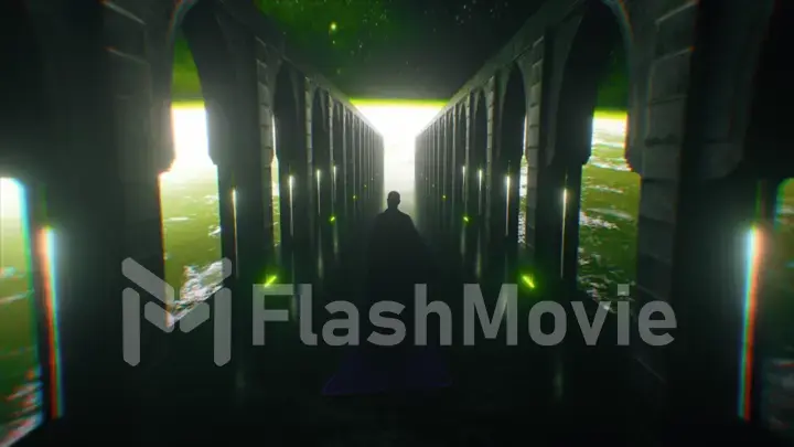 A man dressed in cloth walking down a space sci fi corridor with neon lighting. Let the planet earth. Fantastic concept of the future. The concept of human cognition of space. 3d animation