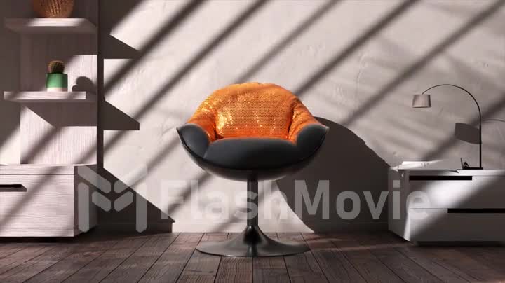 The chair's gray upholstery turns into a soft golden orange. Inflate. Transformation. Furniture. White wall and shadow