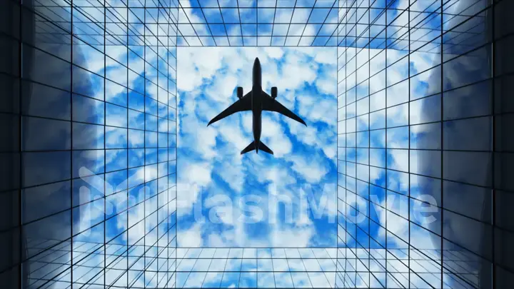 Passenger plane flying in the sky with clouds over a modern glass building. Bottom view. Travel concept. 3d illustration