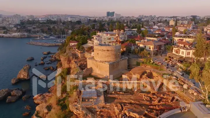 Panorama of the historic city on the seashore. Aerial drone view. Old fort. Historical monument