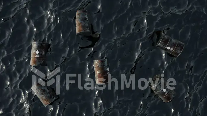 Top view of iron barrels floating in the oil sea. Toxic materials. Environmental pollution. 3d illustration