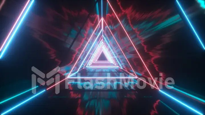 Flying through glowing neon triangles creating a tunnel with grunge reflection, blue red spectrum, fluorescent ultraviolet light, modern colorful lighting, 3d illustration