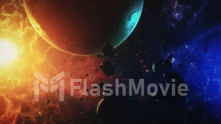 A beautiful colorful space with asteroids with sounds and a planet 3d illustration