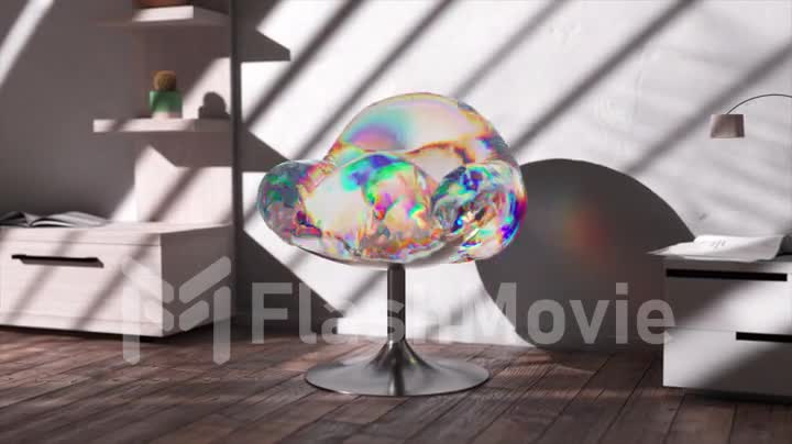 Metamorphosis. A shining transparent substance absorbs the soft upholstery of the chair. Rainbow colors. 3d animation