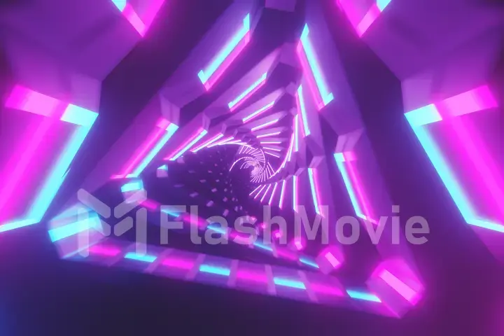 Flying through metallic glowing rotating neon triangles creating a tunnel, colorful spectrum, fluorescent ultraviolet light, modern colorful lighting, 3d illustration