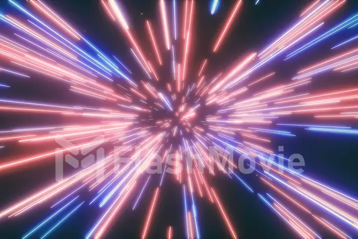 3d illustration of abstract creative cosmic background. Hyper jump into another galaxy. Speed of light, neon glowing rays in motion. Beautiful fireworks, colorful explosion, big bang.