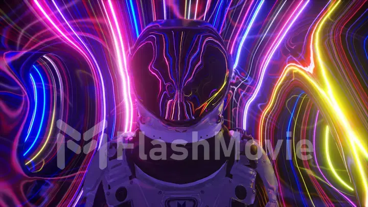 Astronaut in the fourth dimension. Neon surroundings and bright stripes. Sci-fi 3d illustration