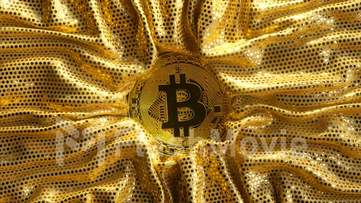 Cryptocurrency concept. A golden bitcoin surrounded by a shiny gold textile. Creases in fabric. 3d illustration